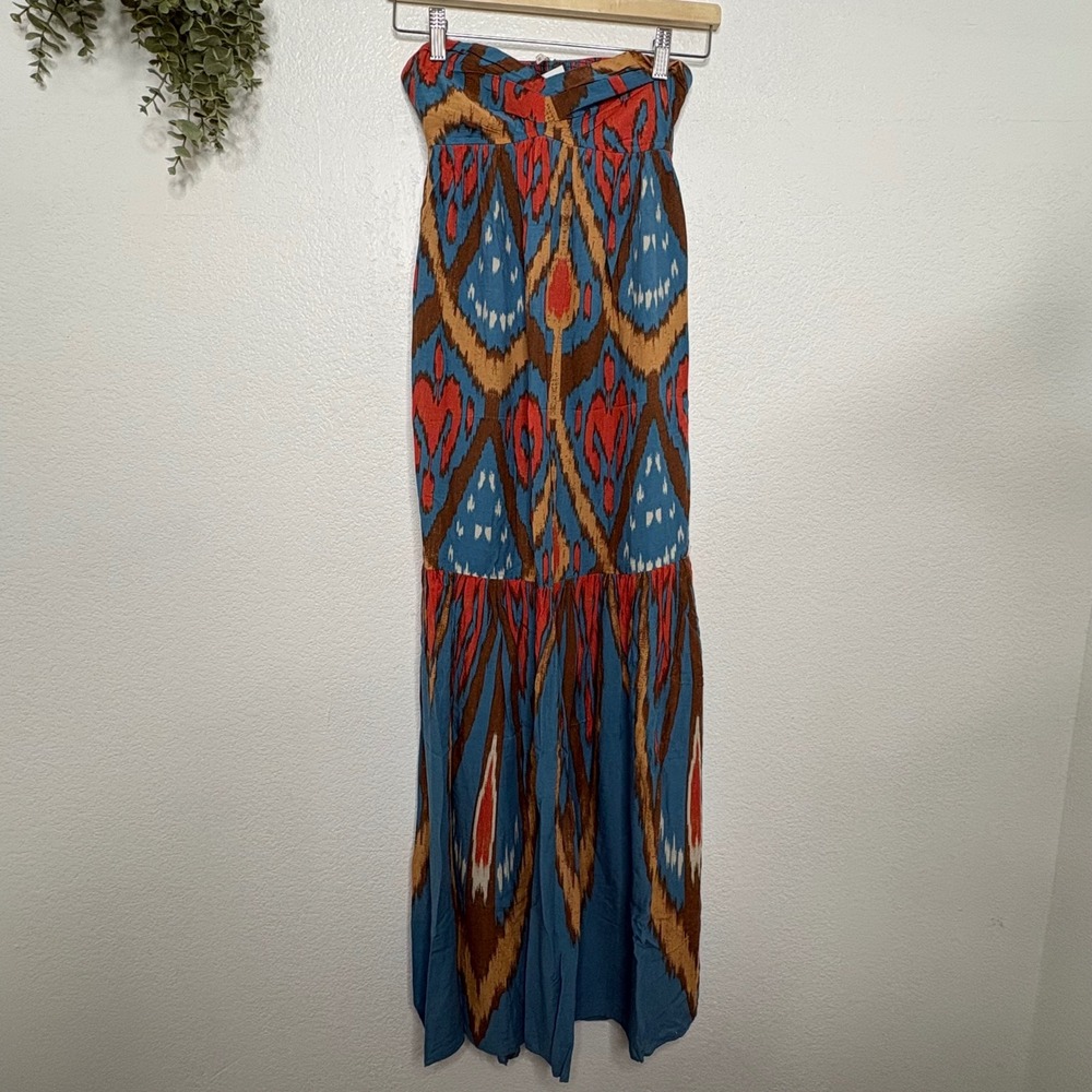 Free People Strapless Ikat Maxi Dress Blue Rust Boho Smocked Tiered XS - Picture 2 of 9
